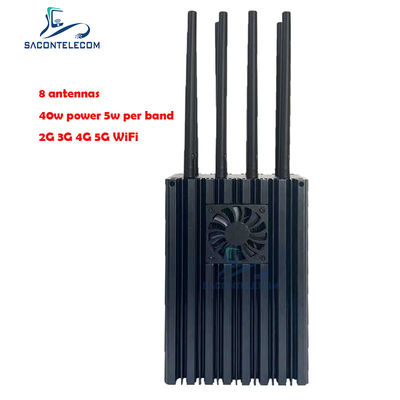 5G এর জন্য 4-10W প্রতি ব্যান্ড এবং 50m জ্যামিং ব্যাসার্ধ সহ 8 চ্যানেল পোর্টেবল মোবাইল ফোন সিগন্যাল জ্যামার