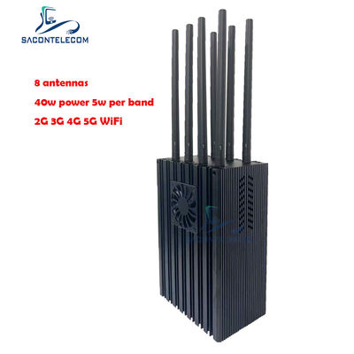 5G এর জন্য 4-10W প্রতি ব্যান্ড এবং 50m জ্যামিং ব্যাসার্ধ সহ 8 চ্যানেল পোর্টেবল মোবাইল ফোন সিগন্যাল জ্যামার